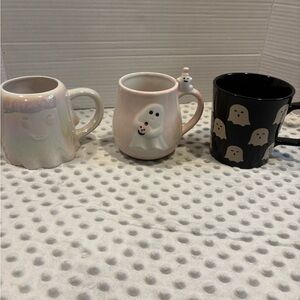 Ghost-Themed Ceramic Mug Set - Pink, Black, White